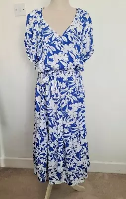 Women's Blue & White Floral Belted Dress Midi Size 18 Nutmeg NEW • £8.99