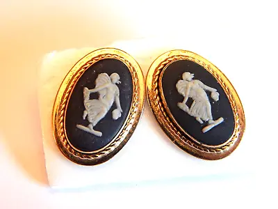 VTG Van Dell 14K Gold Fill Oval Cameo Stud Earrings White Lady Black Background  • $39.99