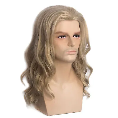 Men Long Curly Wave Wigs Male Cosplay Hair Ombre Ash Blonde Costume Toupee W/Cap • $21.98