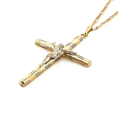 Italian 18K Yellow & White Gold Crucifix Cross On 19.75  Figaro Chain 7.5 Grams • $700