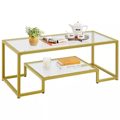 Modern Glass Coffee Table W/Open Shelf Gold Coffee Center Table For Living Room • $59.99