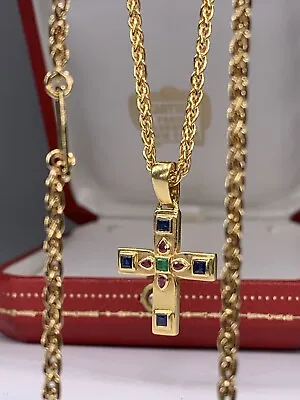 Cartier 18k Yellow Gold Vizantija Multi Gemstone Cross Pendant Necklace • $7945