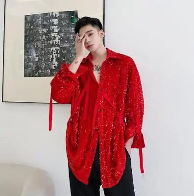 Men's Youth Fashion Sequin Ribbon Long Sleeves Loose Shirt Club Stage Singer D • $38.94