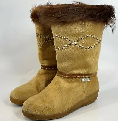 Vintage Tecnica Italy Natural Deer Fur Leather Boot Moccasin Snow Boots Size 11 • $74.99