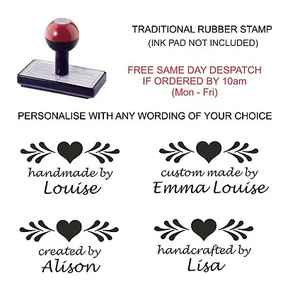 Personalised Handmade By Rubber Stamp With Your Name Custom Heart Scroll Image • £12.95