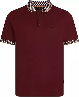 Mens Merc London Checkerboard Trim Cotton Polo Shirt Garfield - Wine • $62.24