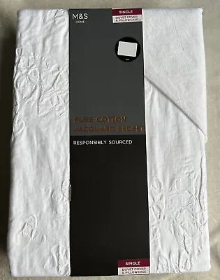 M&S Pure Cotton White Forsythia Jacquard Bedding Single Duvet Cover Set Rp£55 • £32.99