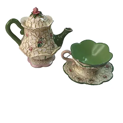 Mosaic Look Miniature Tea Cup Saucer & Teapot Ornaments Plastic KSA Inc 2001 • $15