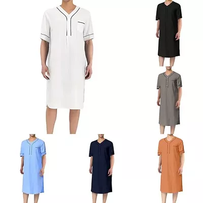 Men Muslim Clothing Short Sleeve Jubba Saudi Arab Long Kaftan Thobe Loose Robe • $18.56