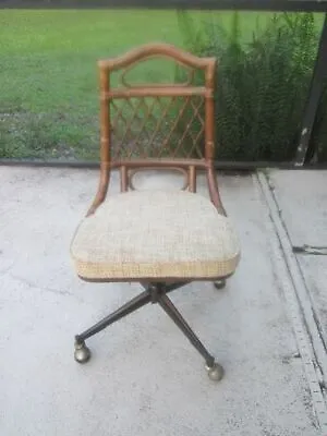Vintage Dining Chair Bamboo Swivel Upholstered Seat On Casters • $199