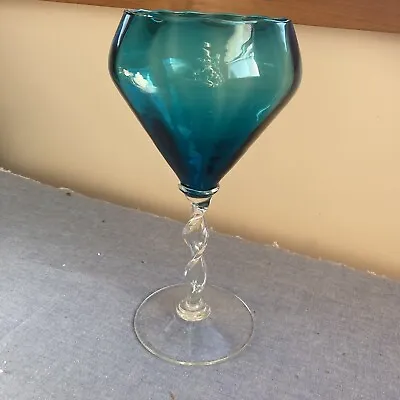Vintage Empoli Italian Art Glass Vase/Goblet Teal Blue Bowl W/Clear Twisted Stem • $27.21
