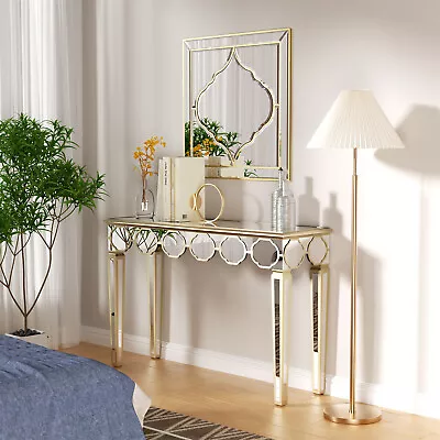 48'' Console Table Rectangular Silver Mirrored Entryway Table With Gold Rim Deco • $269.92