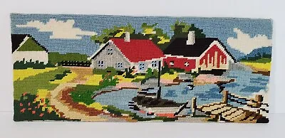 Vintage Needlepoint Countryside Lake Houses Village Homestead 17 X7  COMPLETED • $34.95