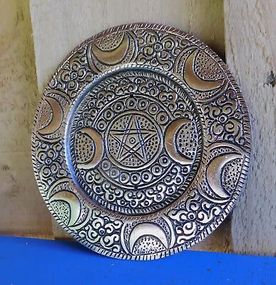 Wicca Incense Catcher Altar Plate Metal Pagan Pentagram & Moons Design Dish • £11.99