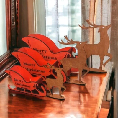 Santa Sled And Reindeer Wooden Christmas Ornament. • £22.99