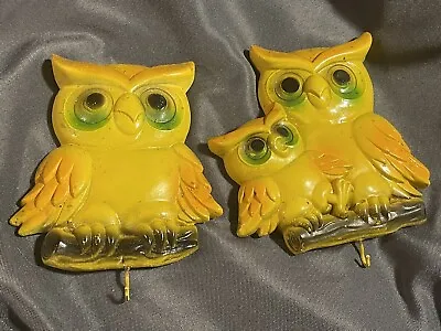 VINTAGE Chalkware Owl Family Wall Decor Yellow Retro Potholder Hooks 1970’s • $21.50