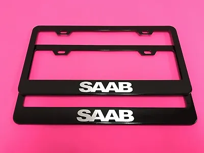 2x SAAB - BLACK Powder Coated Metal License Plate Frame Tag Holder W/Screw Caps* • $23.16