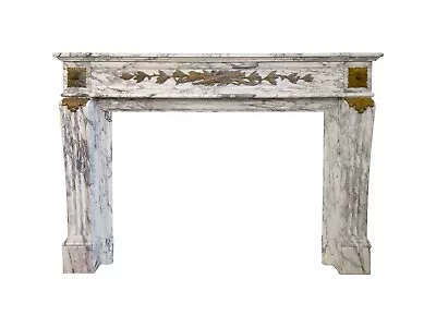 Antique Plaza Hotel White Gray Veined Marble Mantel With Bronze Ormolu • $14800