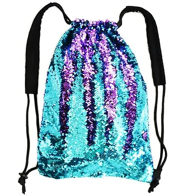 Mermaid Reversible Flip Sequin Drawstring Backpack Turquoise Purple Black Bag • $11