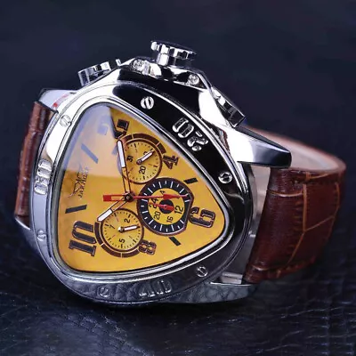 JARAGAR Mens Triangle Automatic Mechanical Watch Leather Calendar Wrist Watches • $32.98