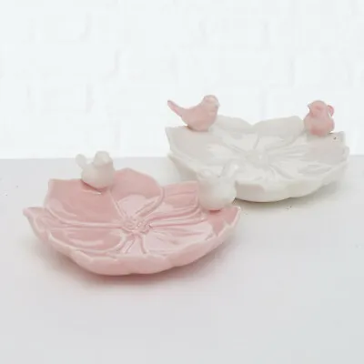 £14.99 • Buy Pink & White Glossy Ceramic Garden Rose Flower Petal Shaped Robin Bird Bath Bowl