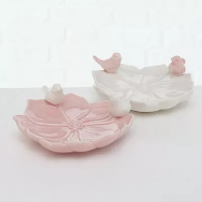 £14.99 • Buy Pink & White Glossy Ceramic Garden Rose Flower Petal Shaped Robin Bird Bath Bowl
