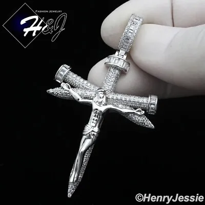 Men 925 Sterling Silver Icy Bling Cz Silver 3d Nail Jesus Cross Pendant*sp402 • $47.99
