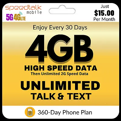 $15/Mo. SIM Card Kit Unlimited Data Talk Text Prepaid SpeedTalk Smart Phone Plan • $180