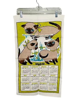 Vtg. MCM 1969 Siamese Cats Kittens Fishbowl Linen Tea Towel Wall Hanging 28”x16” • $25