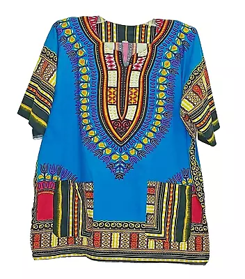 Dashiki Shirt Traditional African Free Size Cotton Tribal Geometric Floral Blue • $13.99