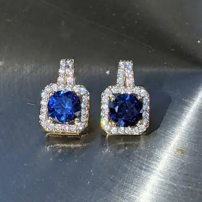 Natural Sapphire 3Ct Round Halo Push Back Stud Earrings 14K Yellow Gold Plated • $416.27