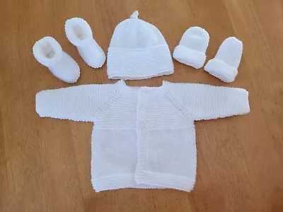 New - Hand Knitted Newborn Baby Cardigan Hat Bootees & Mittens - White • £8.50