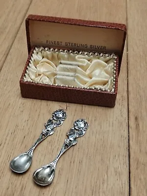 Beautiful Boxed Pair Of Antique Sterling Silver Salt Spoons Rose Design • £45