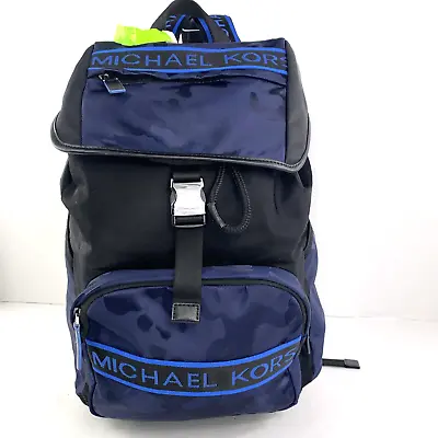 Michael Kors Kent Blue Camouflage Nylon Flap Pocket Large Backpack B3L • $129.99