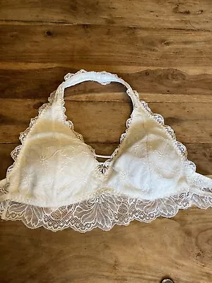 Hollister Gilly Hicks Lined Lace Halter Neck Bralette White UK M  32DD-36B £19 • £4.99