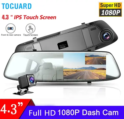 $59.20 • Buy 4.3  Dual Mirror Front Rear Car Dash Cam DVR FHD Reversing Camera Video Recorder