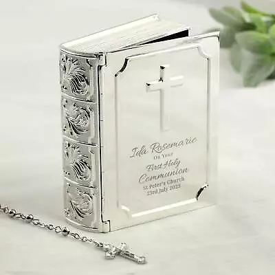 Personalised First Holy Communion Bible Trinket Box With Rosary Beads • £35.95