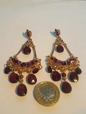 Gold Plated Purple Crystal And Bead Chandelier Drop Earrings  • £6