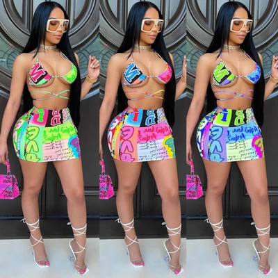 $16.37 • Buy NEW Stylish Women Halter Colorful Print V Neck Bodycon Mini Dress 2pcs Beach