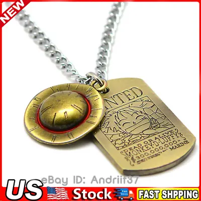 Anime One Piece Necklace Monkey D Luffy Metal Hat Wanted Pendant Dog Tag Cosplay • $2.99