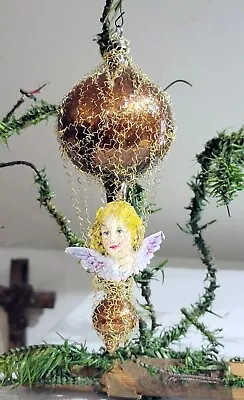 Gold Wire-Wrapped Balloon Angel Riding.  Late 1940s German Glass Ornament • $0.99