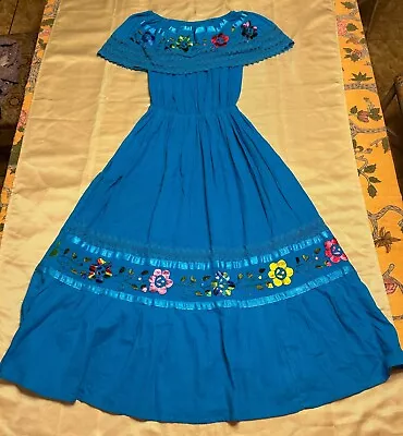 Knee Length TURQUOISE MIDI Mexican Dress Embroidered Off Shoulder Dress L/XL • $29.99