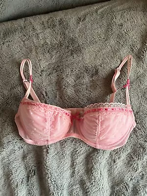 Vintage La Senza Pink Lacey Ruffled Edge Polka-dot Bra Size 32c Pink Bows • £4.99