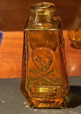 Vintage Wheaton Amber Glass Coffin Shaped Poison Bottle Skull RIP 1970 • $55