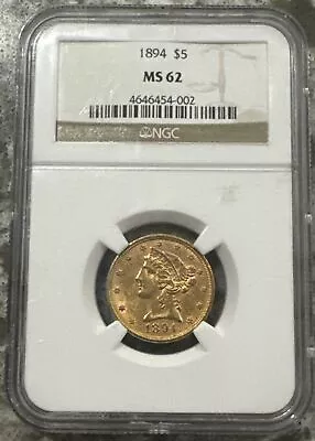 1894 Half Eagle NGC MS62 $5 Philadelphia Minted Liberty Head Gold Coin • $202.50