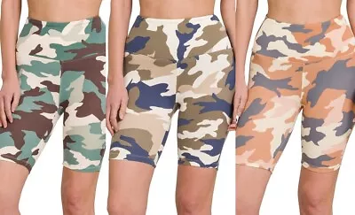 New Womens Wide Waistband Camo Biker Shorts Leggings Gym Athletic Workout 103 • $13.99