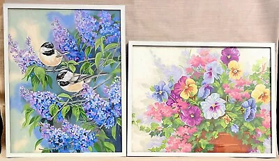 2 Vintage Mid-Century Chic Paint-By-Number Paintings Chickadees & Lilacs Pansies • $24.95