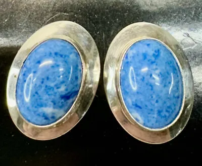 Vintage Solid Sterling Silver Light Blue Lapis Oval Stud Pierced Earrings • $19.99