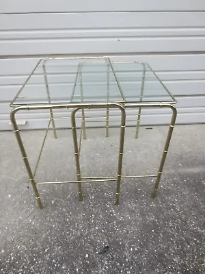 Faux Bamboo 2 Nesting End Tables Metal Hollywood Regency Mid-century Modern Gold • $199