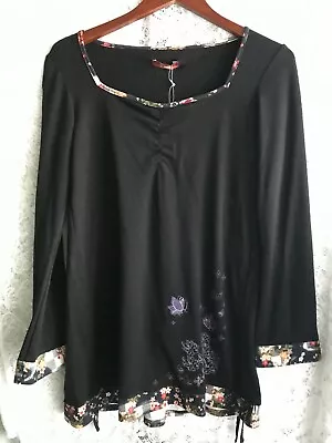 H.NAOTO Top Cutsew Gouk Long Sleeve Jersey Knit Black Purple Flowers Cutsew New • $119.97